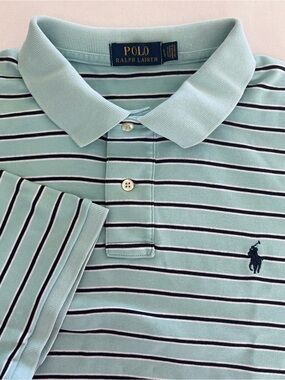 Ralph Lauren POLO Men Blue-Teal Stripes Soft Cotton Blue Pony Logo Shirt Size XL